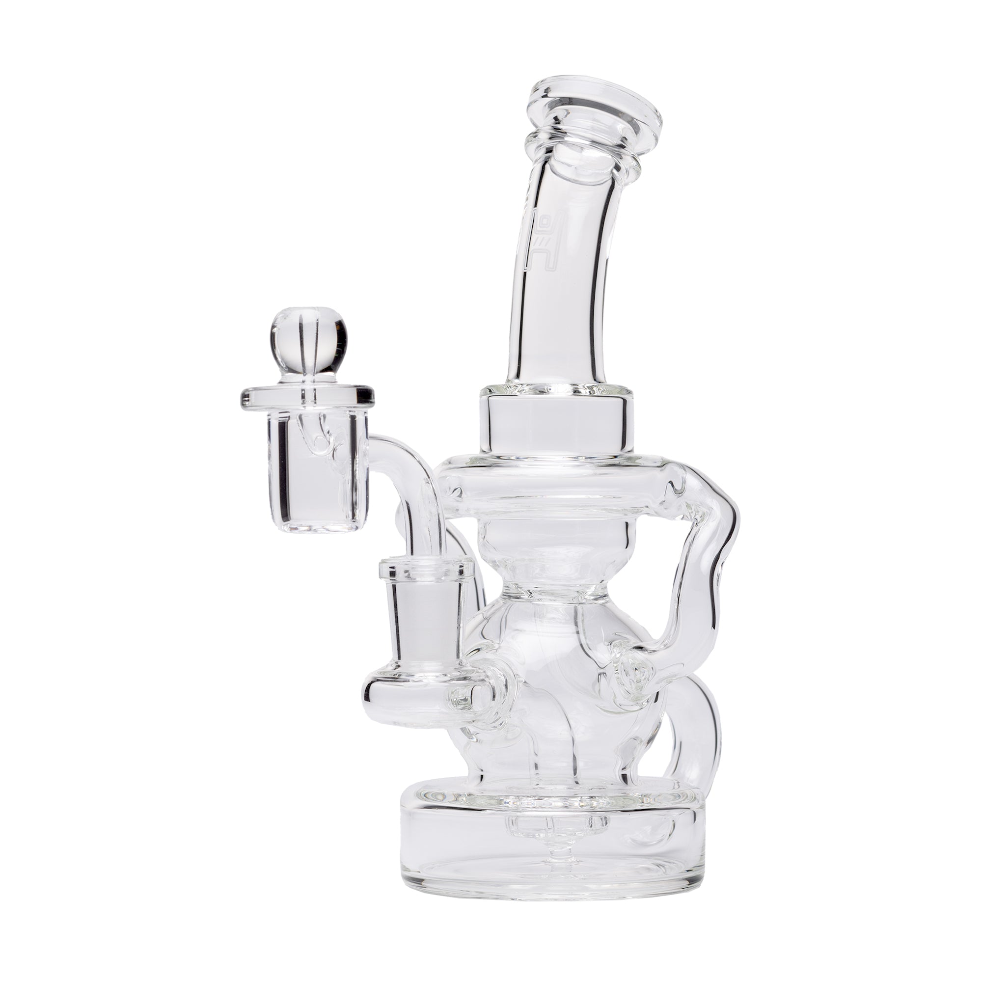 Stubby Klein Recycler Dab Rig – Clear glass rig with precision-cut recycling arms, bent neck mouthpiece, and dome-shaped base for optimal airflow and filtration