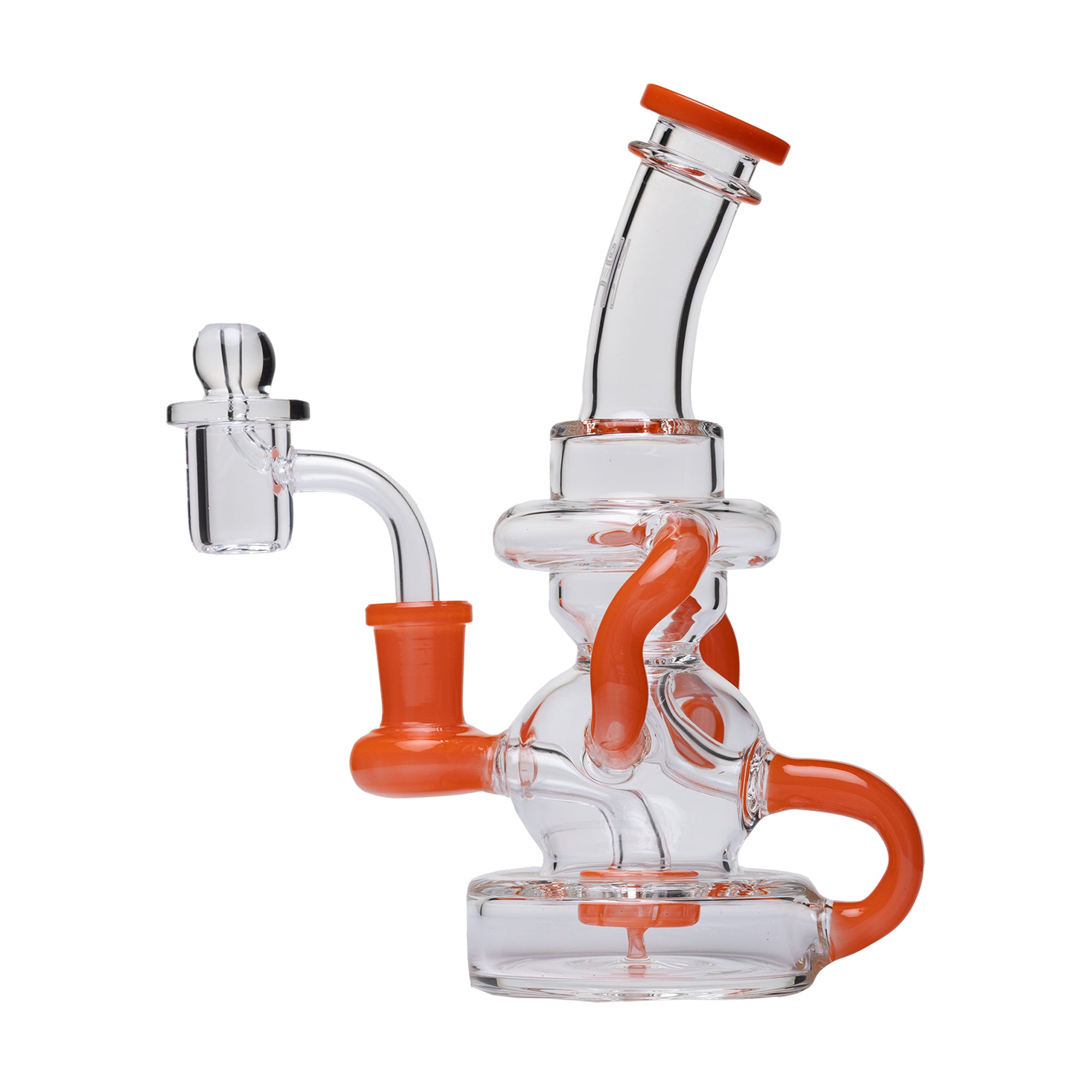 Stubby Klein Recycler Dab Rig – Angled view with vibrant orange color accents and compact design