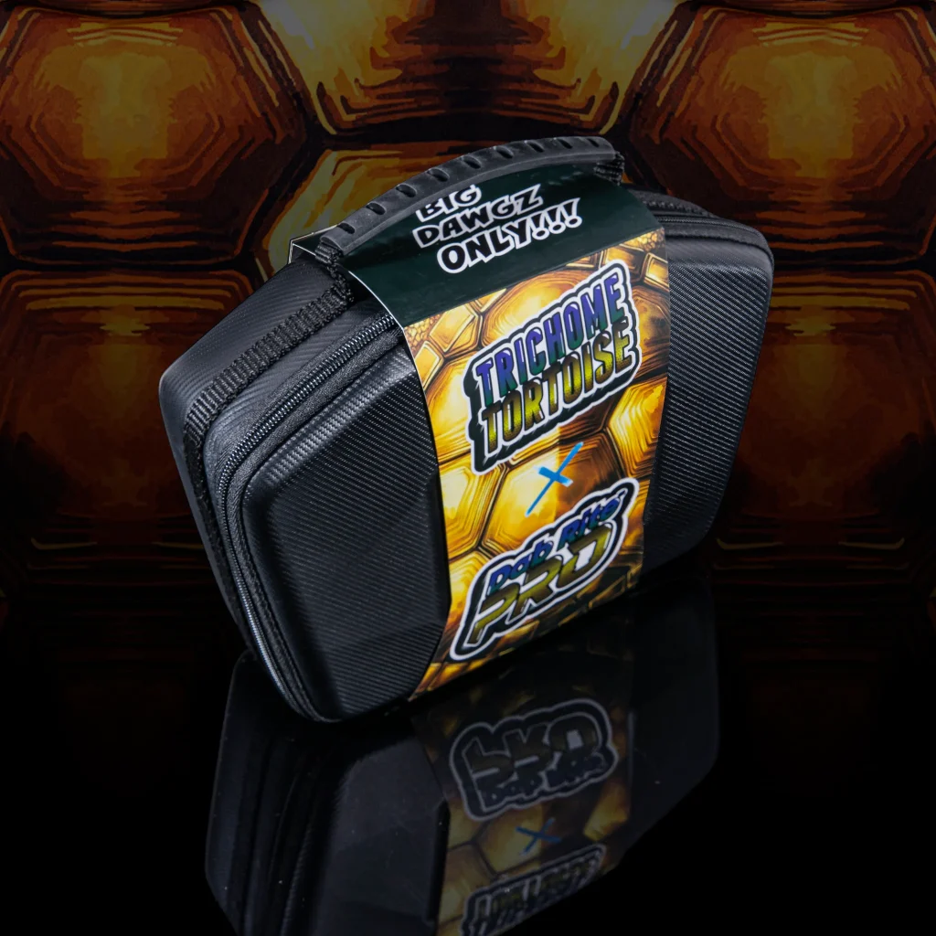 Trichome Tortoise x Dab Rite PRO limited-edition hard travel case with honeycomb-themed sleeve and “Big Dawgz Only” label