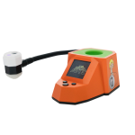 Front angled view of Dab Rite Pro Terp Wars with powered-on display, flexible sensor arm, and orange body